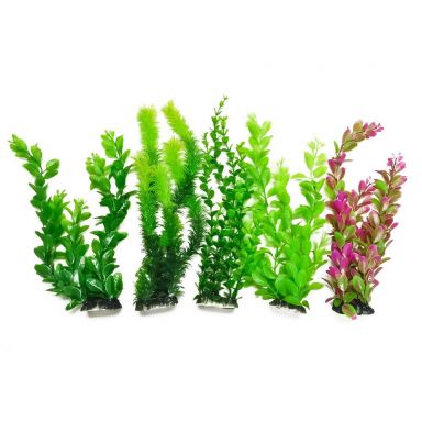 AQUATOP 13" Green Assorted Plastic Plants (5 Pack) w/ Weighted Bases for Aquariums, PD-MULTI13