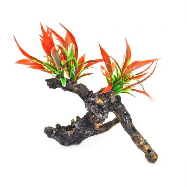 AQUATOP 6"x7" Driftwood and Orange Plastic Plant Heavy Base for Aquariums Resin Based, PD-T11