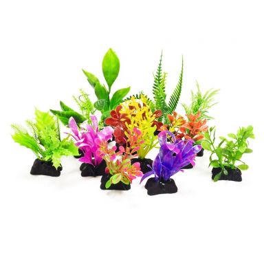 AQUATOP 3" Small Assorted Color Plastic Plants (12 Pack) w/ Weighted Bases for Aquariums, PD-MULTI2
